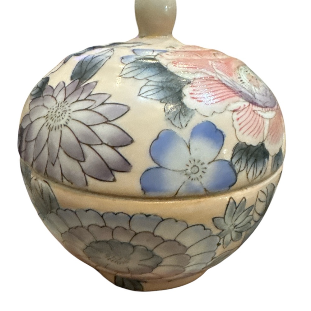 Vintage Hand Painted Floral Trinket Box / Candy Dish Lidded Jar 5.25" T